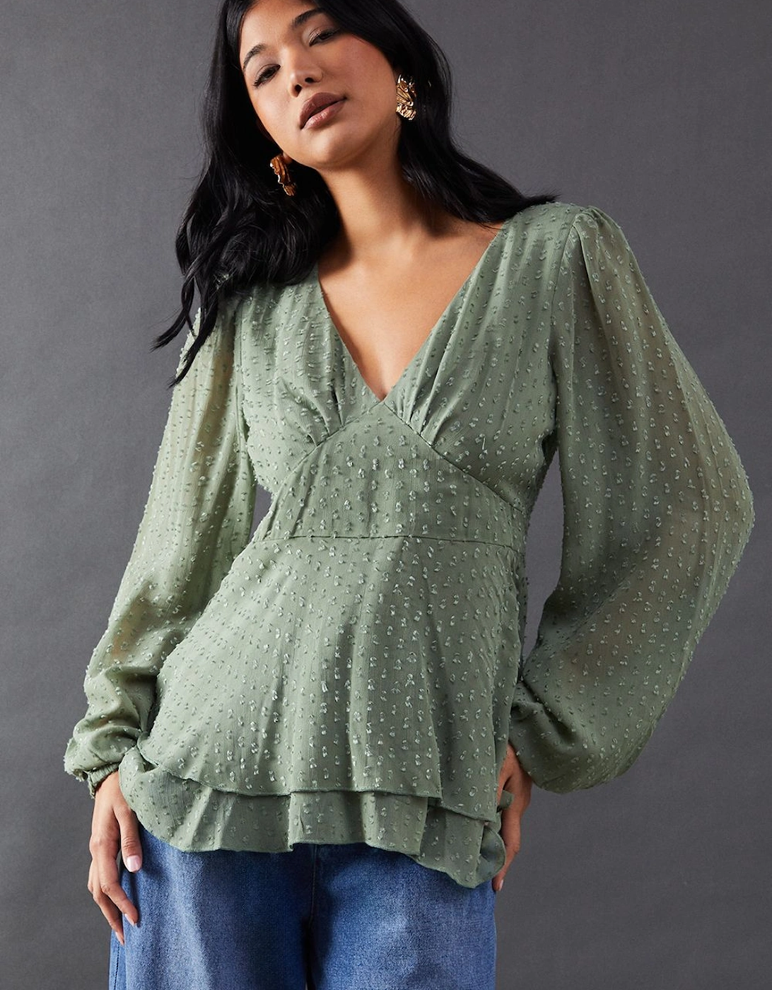 Plunge Neck Dobby Chiffon Double Layer Blouse, 2 of 1