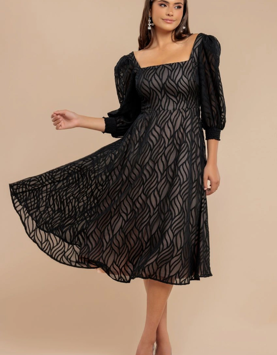 Puff Sleeve Side Slit Flared Jacquard Chiffon Midi Dress, 2 of 1