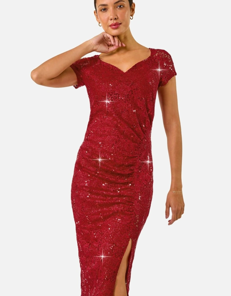 Shimmer Lace Side Ruched Stretch Dress