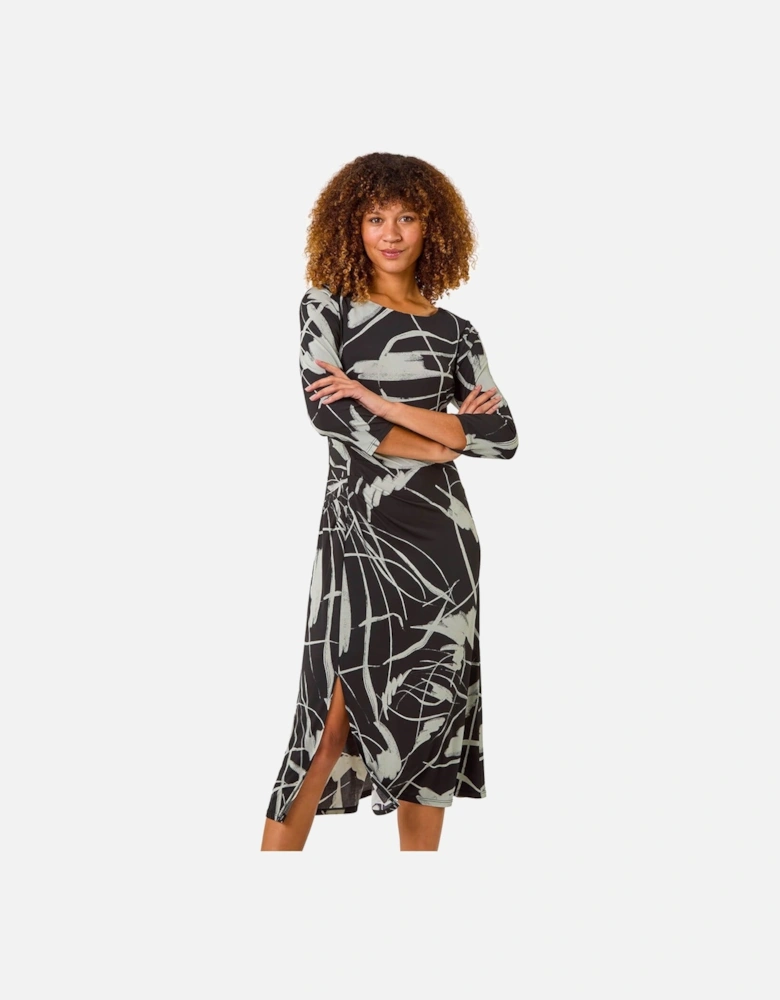 Abstract Side Ruched Midi Dress