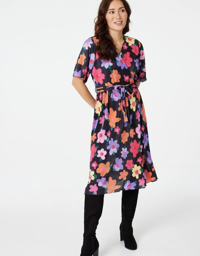 Floral Long Sleeve Pleated Dress