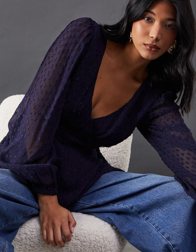 Plunge Neck Dobby Chiffon Double Layer Blouse