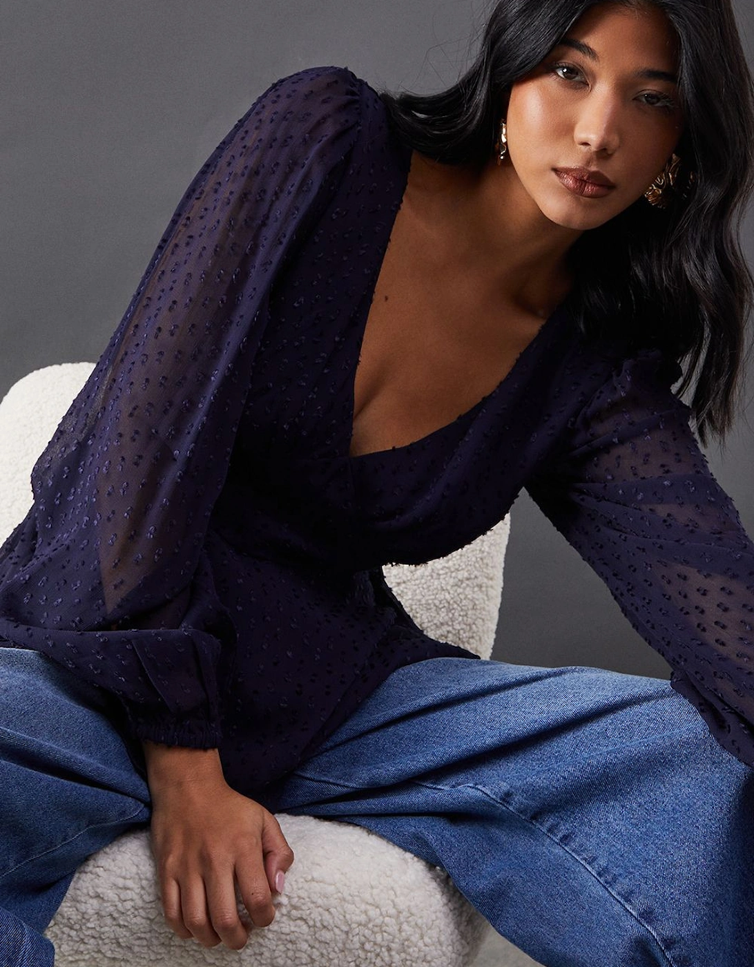 Plunge Neck Dobby Chiffon Double Layer Blouse, 2 of 1