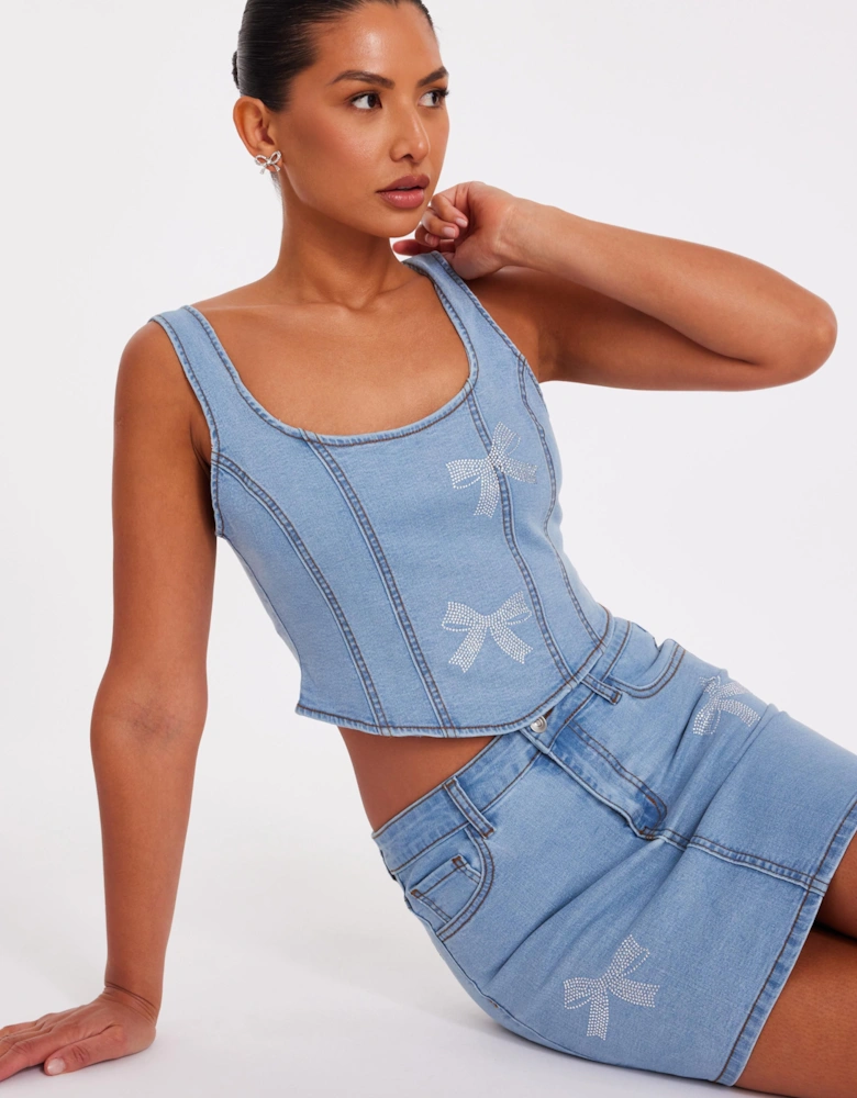 Dark Indigo Denim Bow Embellished Crop Top