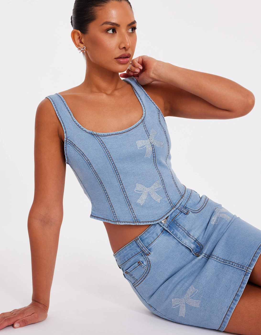 Dark Indigo Denim Bow Embellished Crop Top, 2 of 1