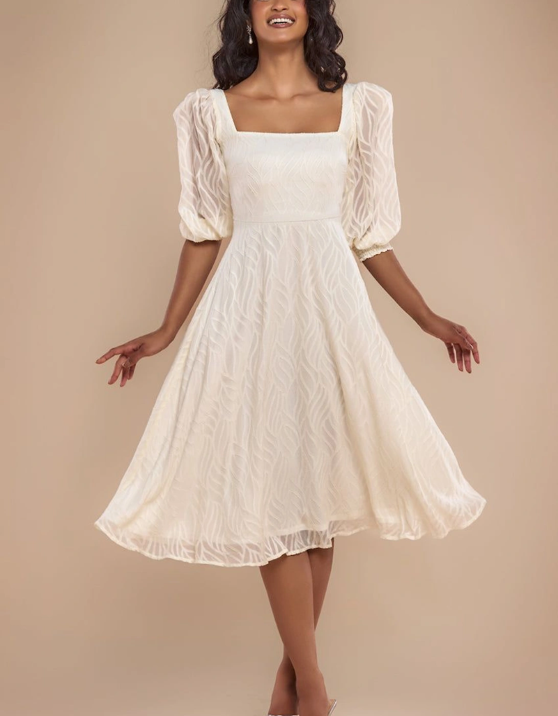 Puff Sleeve Side Slit Flared Jacquard Chiffon Midi Dress, 2 of 1