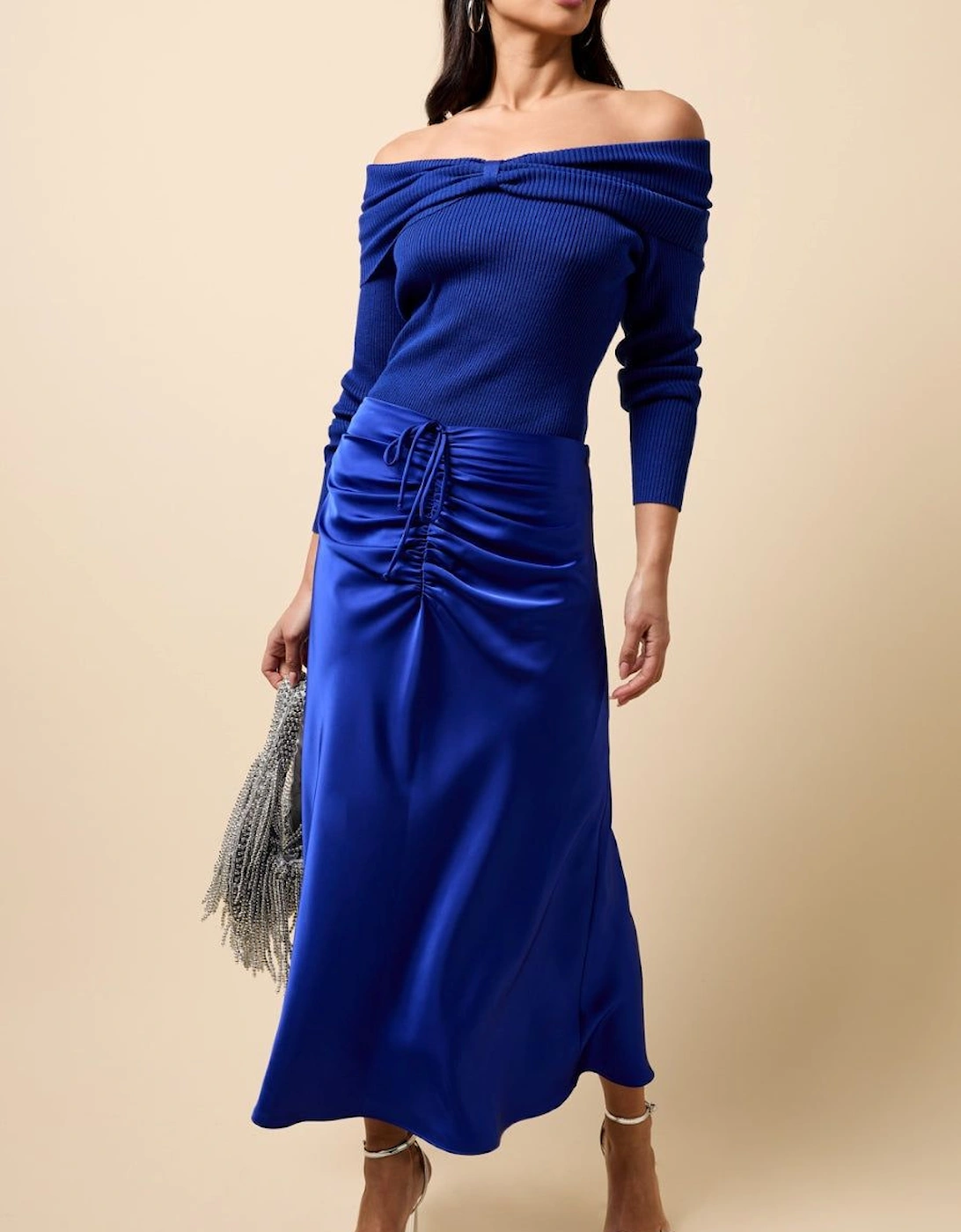 Cobalt Blue Gathered Detail Satin Midaxi Skirt, 2 of 1