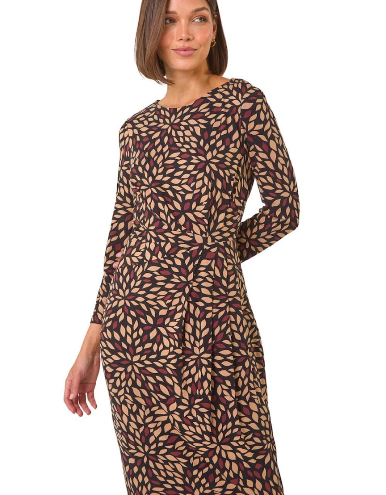 Leaf Print Side Twist Stretch Midi Dress