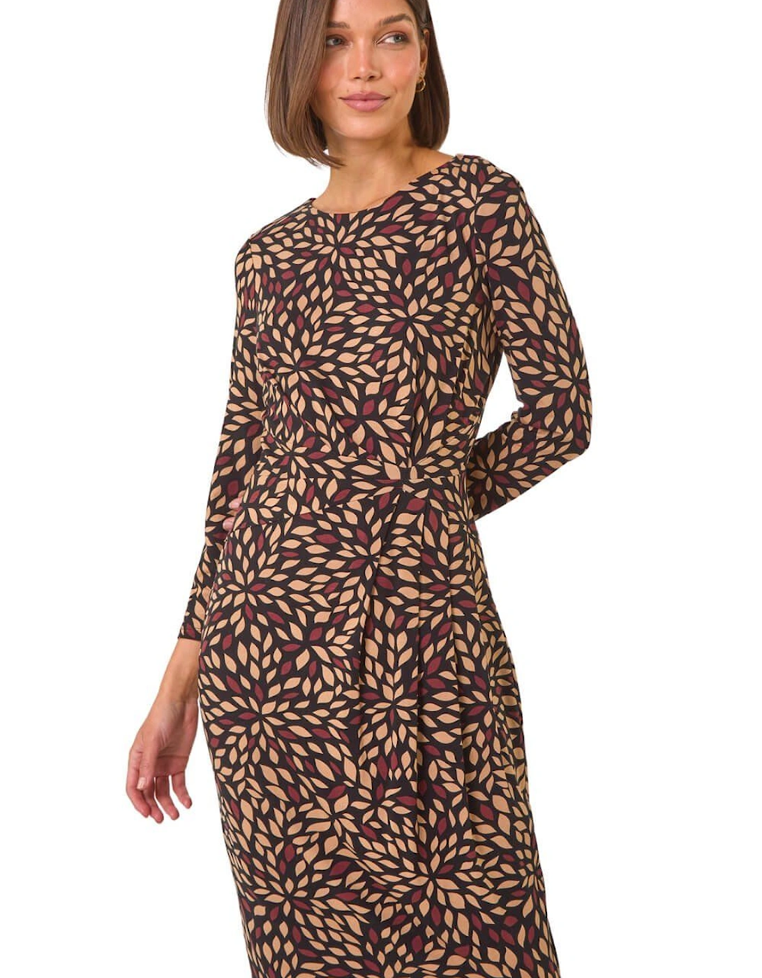 Leaf Print Side Twist Stretch Midi Dress, 2 of 1