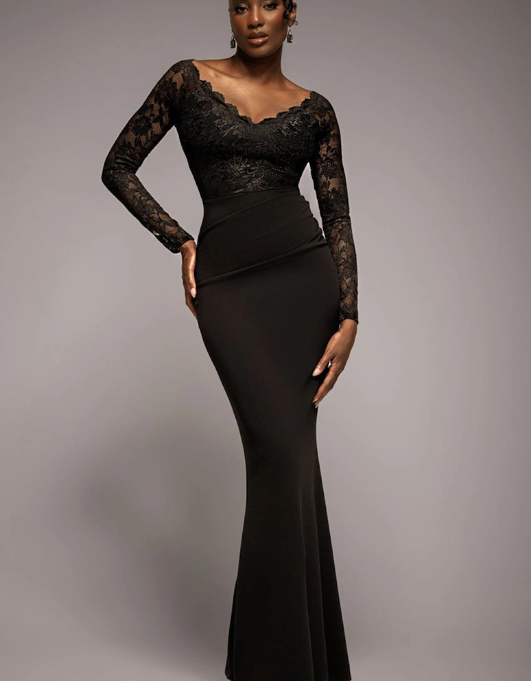 Scalloped Lace Bodice Long Sleeve Bardot Maxi Dress, 2 of 1