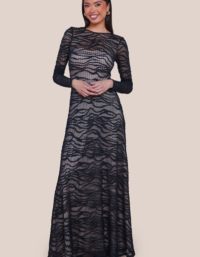Geo Wave Flare Skirt Long Sleeve Maxi Dress