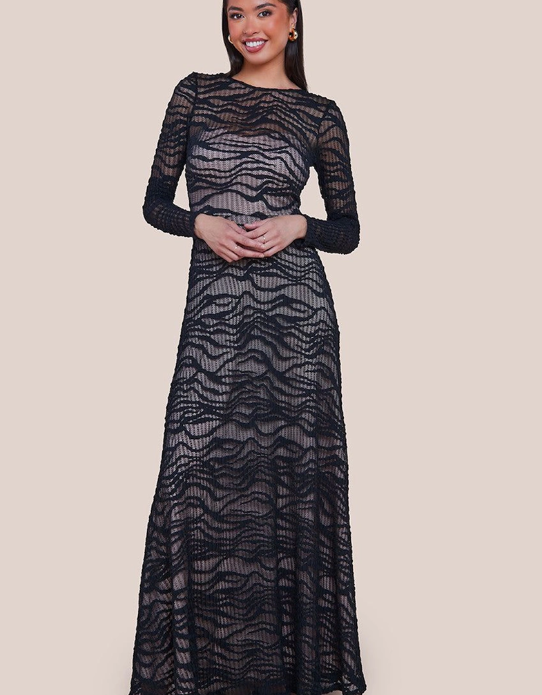 Geo Wave Flare Skirt Long Sleeve Maxi Dress, 2 of 1