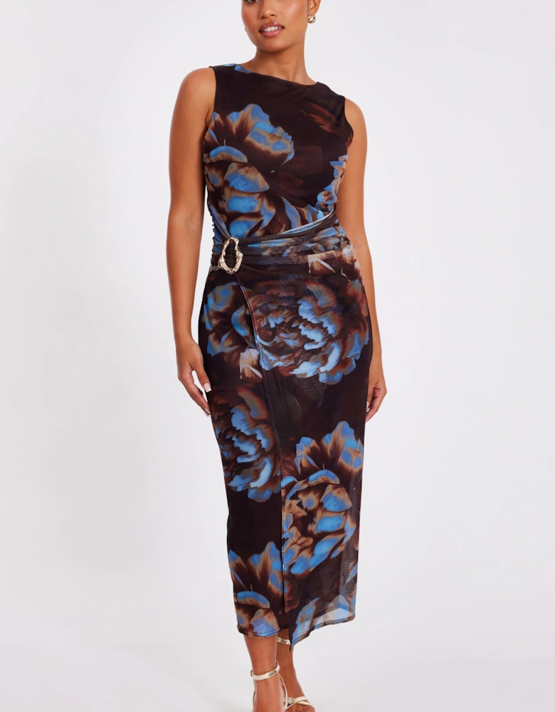 Brown Petite Floral Mesh Midaxi Dress