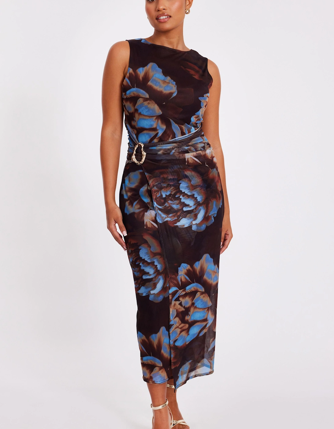 Brown Petite Floral Mesh Midaxi Dress, 2 of 1