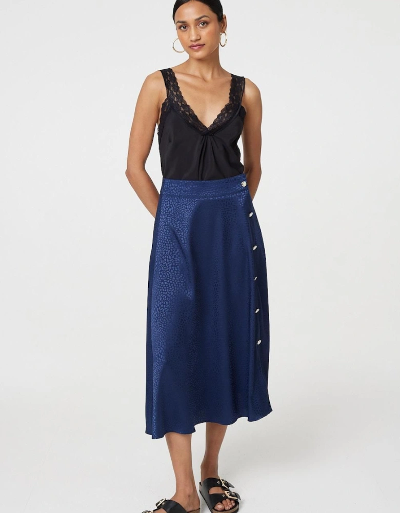 Animal Print Button Detail Midi Skirt