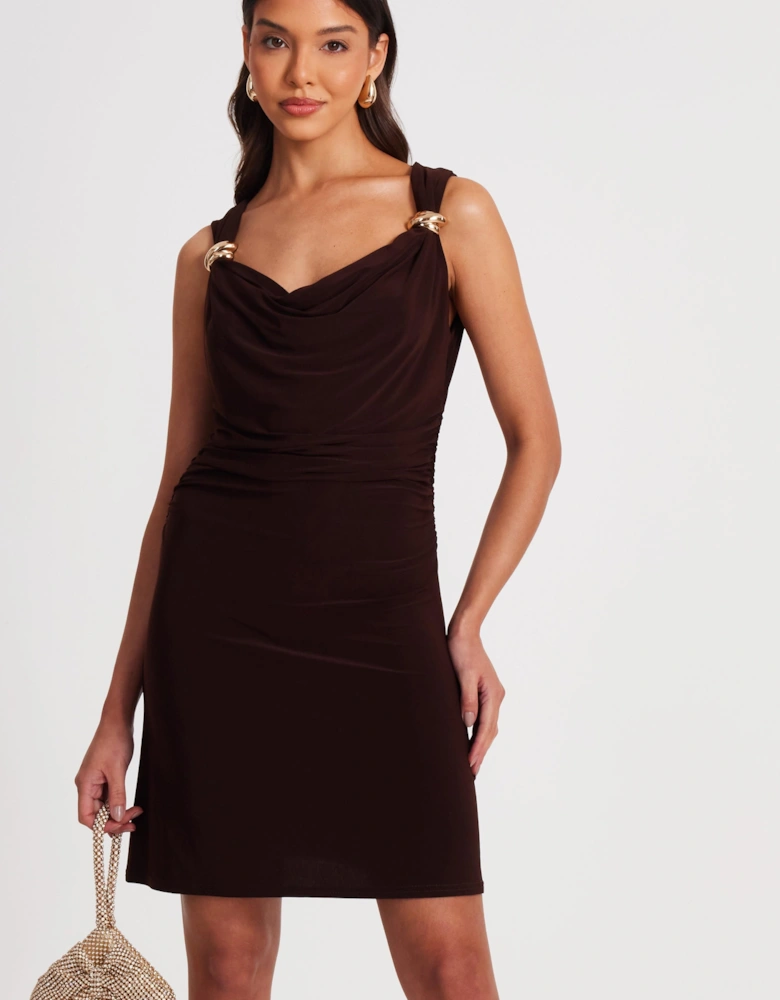 Brown Mesh Cowl Neck Mini Dress