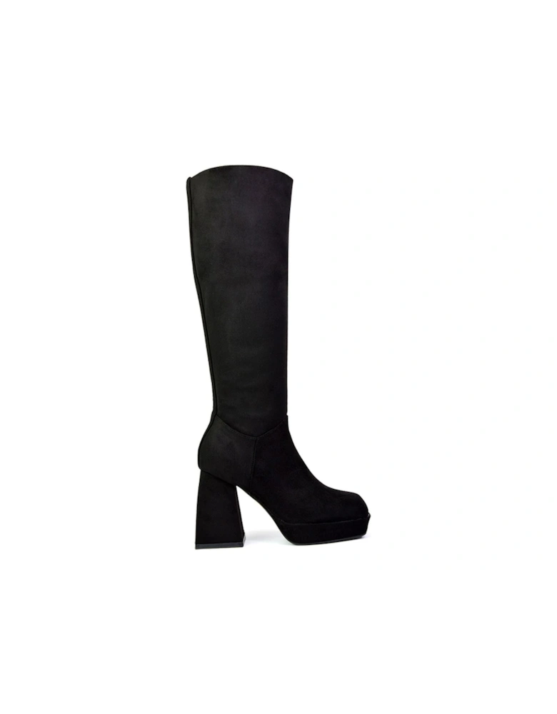 'Wren' Knee High Boots With Platform Chunky Flared Block Heel