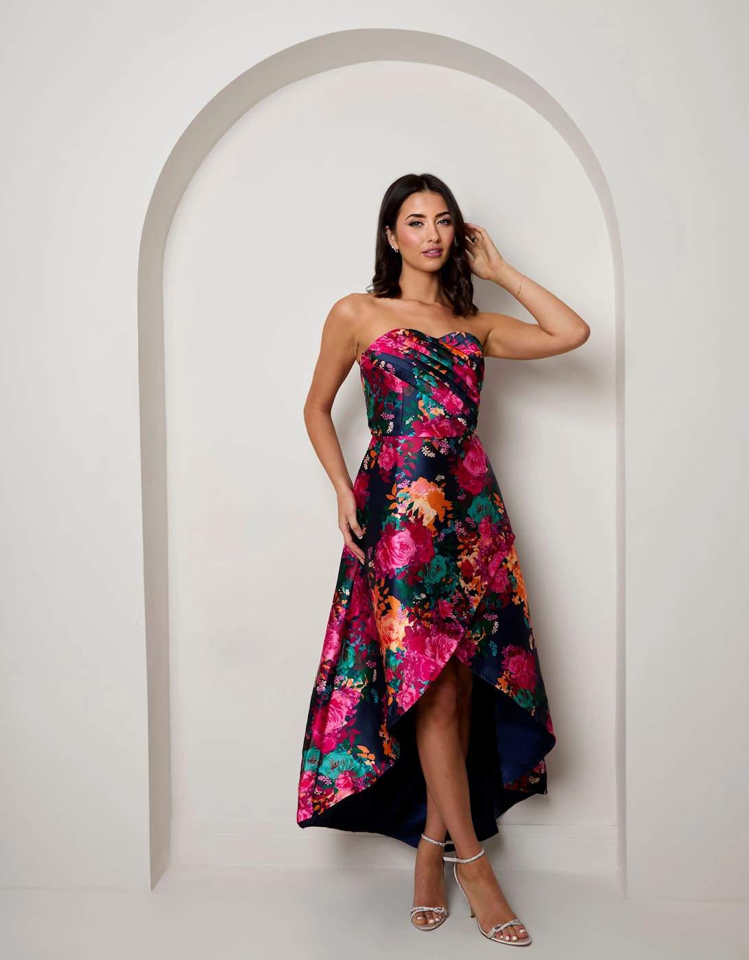 Bandeau Sweetheart Floral Wrap Detail Dip Hem Dress in Navy, 2 of 1