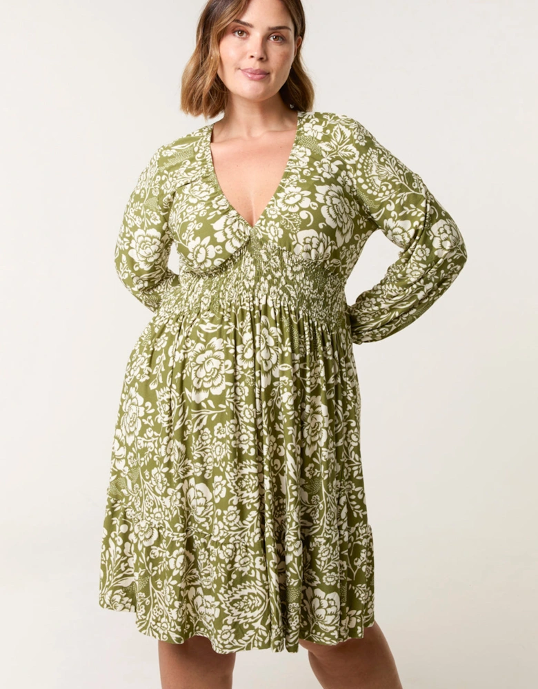 Khaki Curve Shirred Neck Elastic Mini Dress