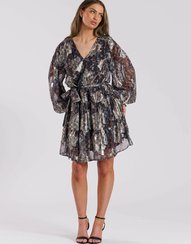 Print Metallic Long Sleeve Short Dress