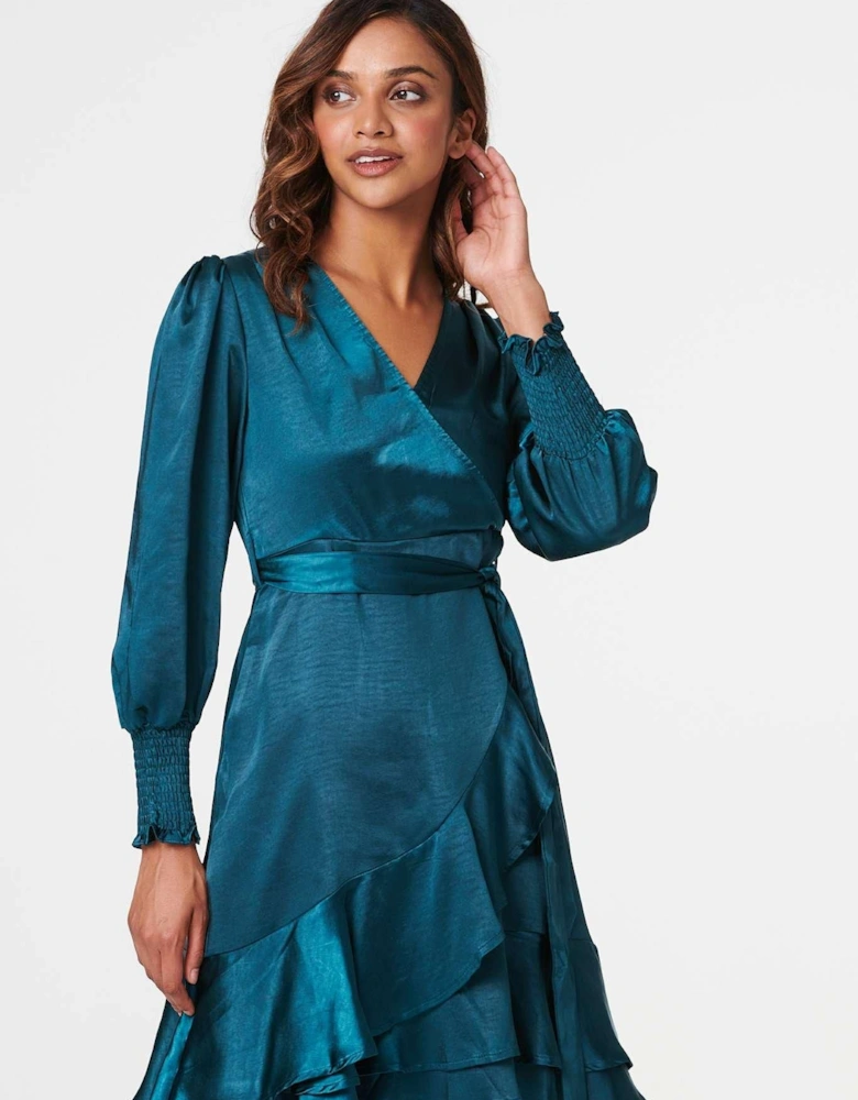 Satin Frill Detail Wrap Dress