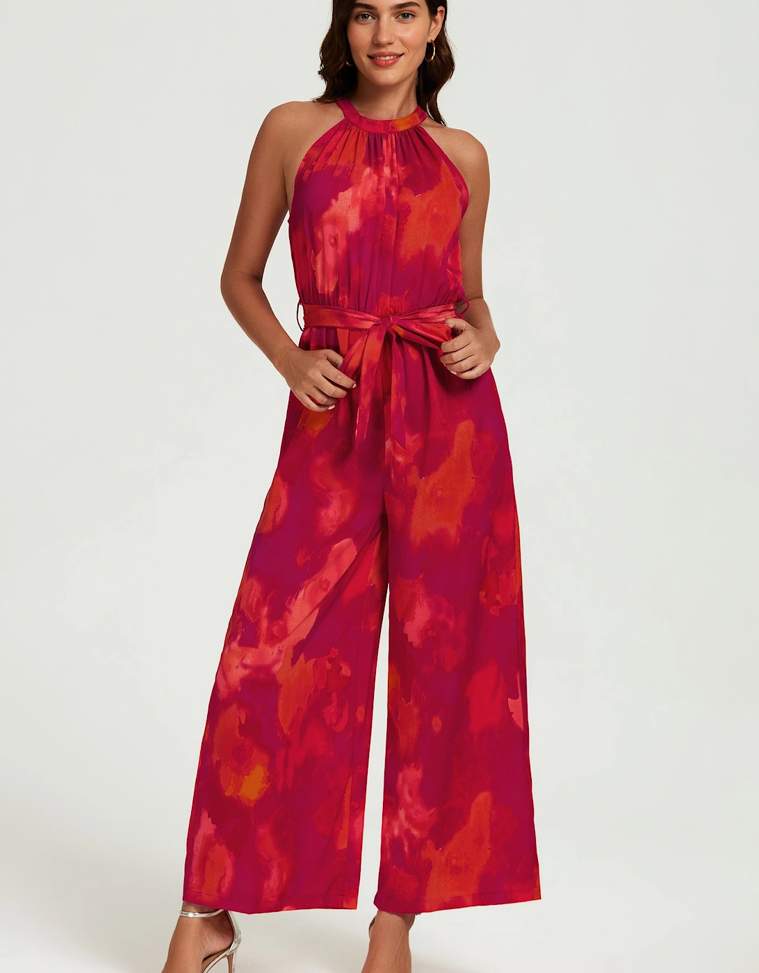 Abstract Print Halter Neck Jumpsuit In Red, 2 of 1
