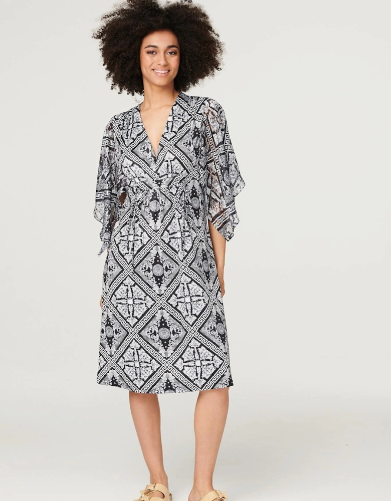 Printed Flare Sleeve Midi Dress