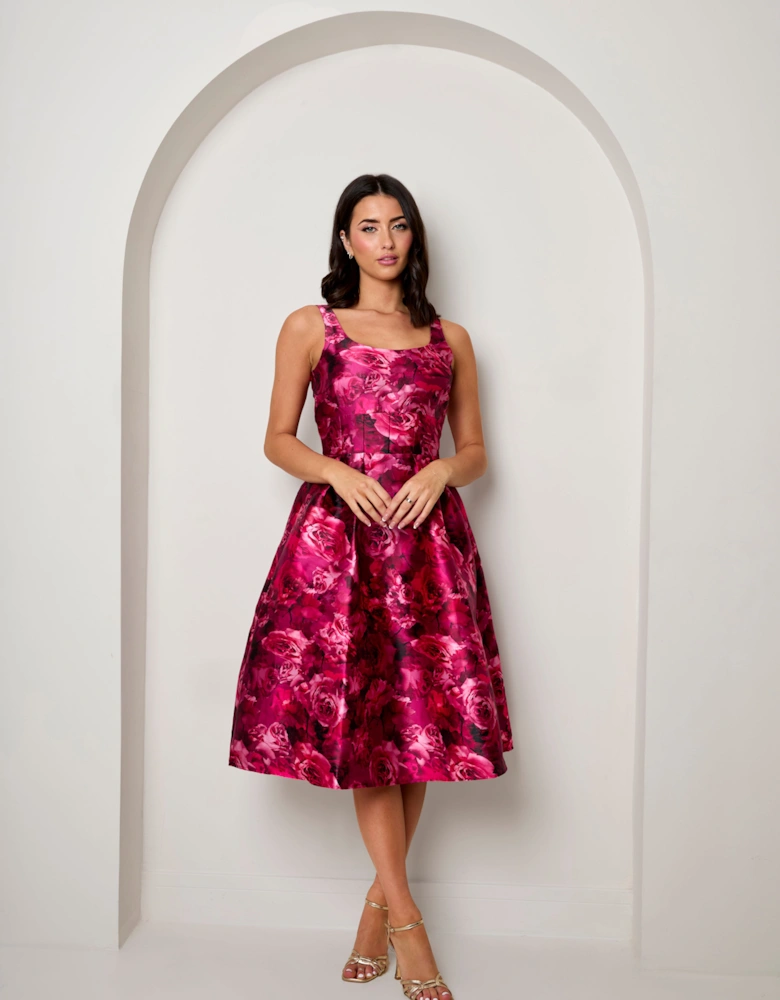 Sleeveless Floral Fit and Flare Midi Dress in Red