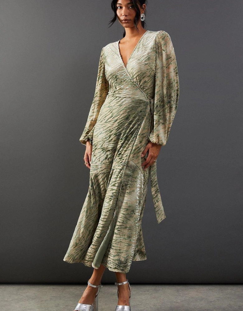 Zebra Velvet Wrap Asymmetric Tier Midi Dress