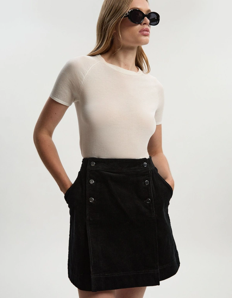 Cord Button Pleat Detail Mini Skirt