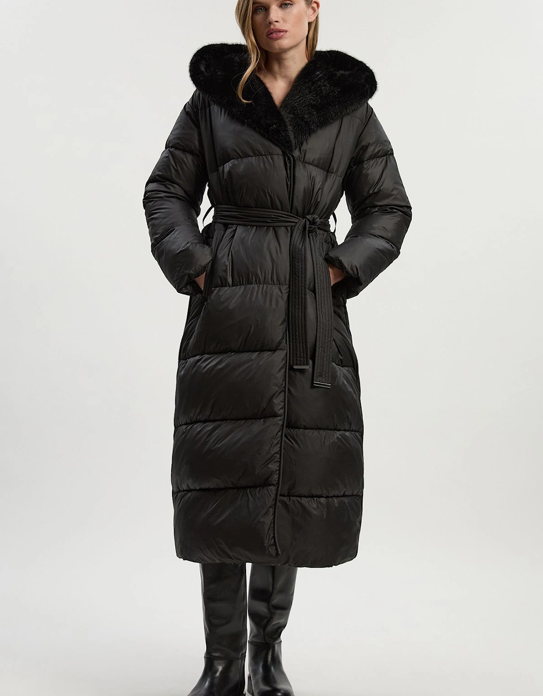 Premium Faux Fur Lined Padded Hooded Belted Midi Coat, 2 of 1