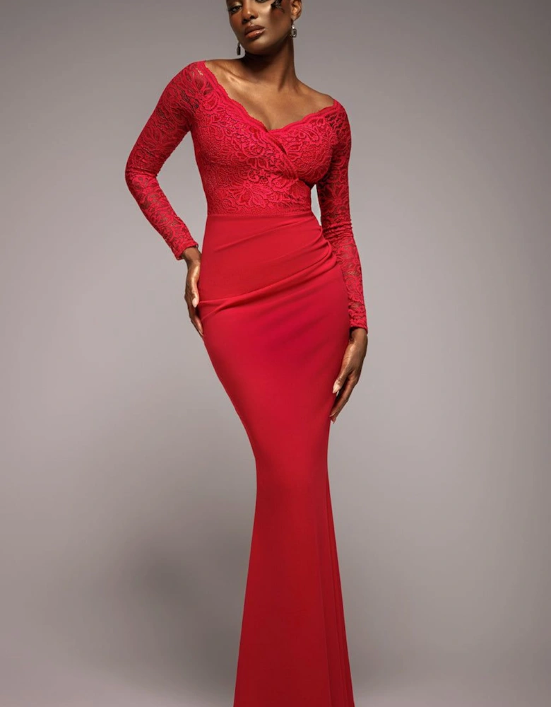 Scalloped Lace Bodice Long Sleeve Bardot Maxi Dress