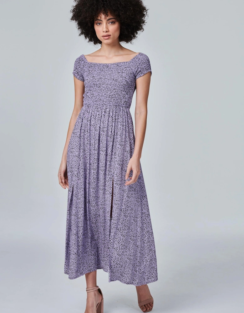 Ditsy Print Smocked Maxi Dress