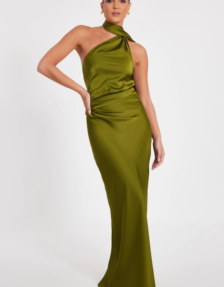 Green Satin Wrap Neck Maxi Dress