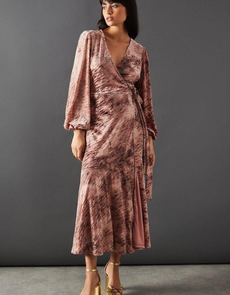 Zebra Velvet Wrap Asymmetric Tier Midi Dress