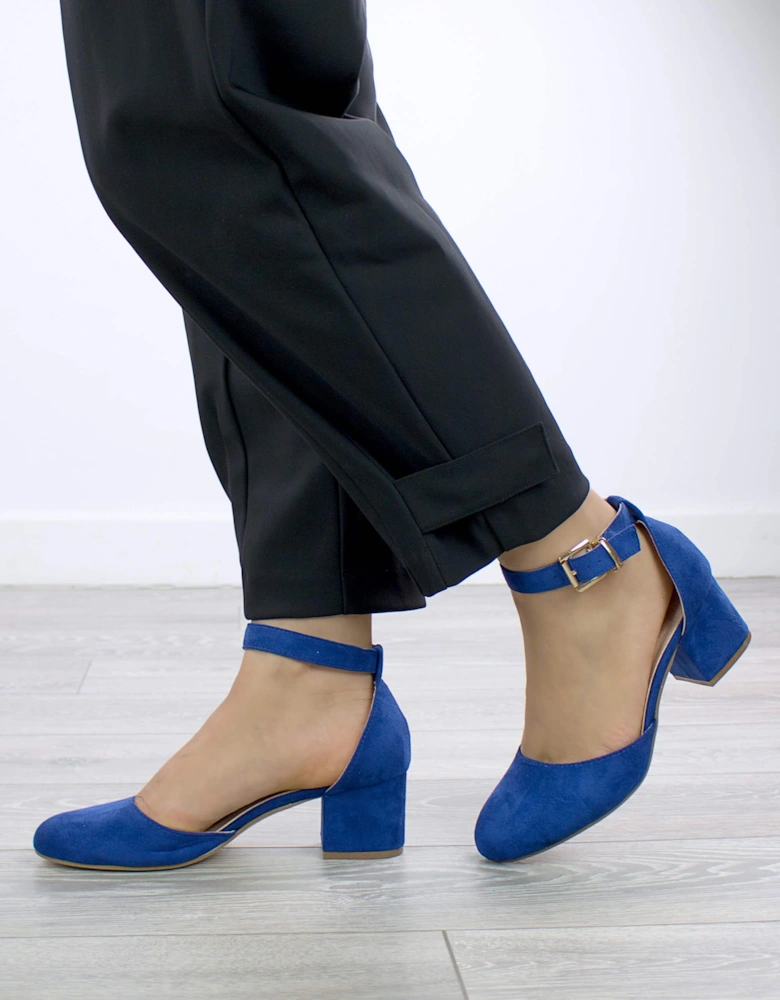 Mid Block Heel Buckle Ankle Strap Faux Suede Heeled Sandals