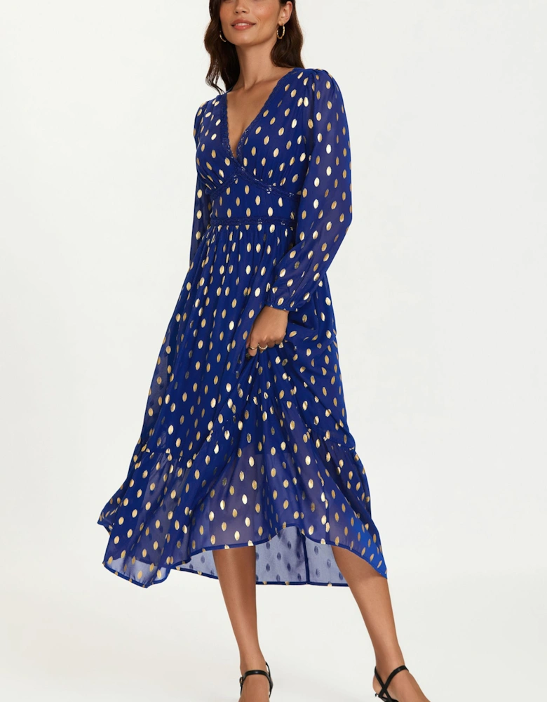 Gold Foil Lace Trim Long Sleeve Midi Dress