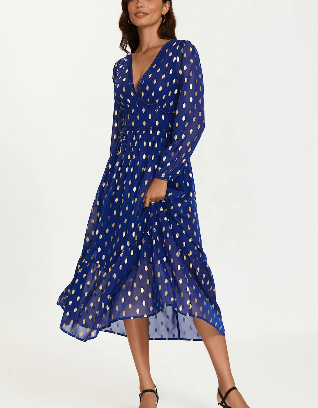 Gold Foil Lace Trim Long Sleeve Midi Dress, 2 of 1