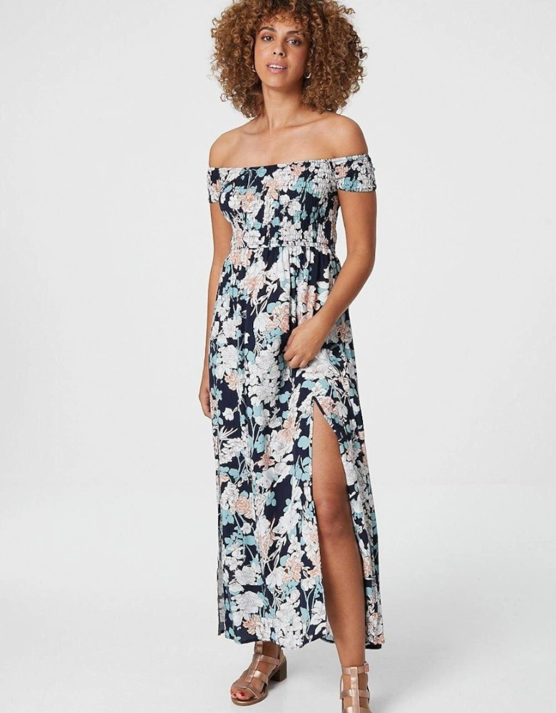 Floral Bardot Shirred Maxi Dress