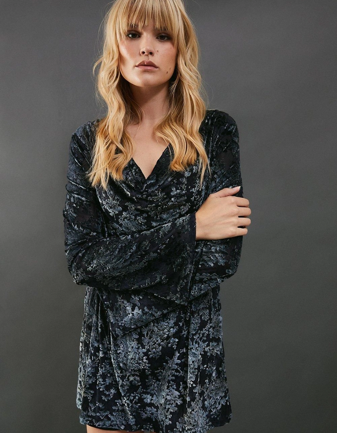 Mesh Velvet Burnout Cowl Neck Mini Dress, 2 of 1