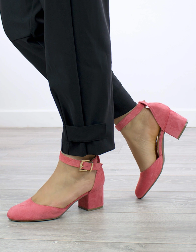 Mid Block Heel Buckle Ankle Strap Faux Suede Heeled Sandals