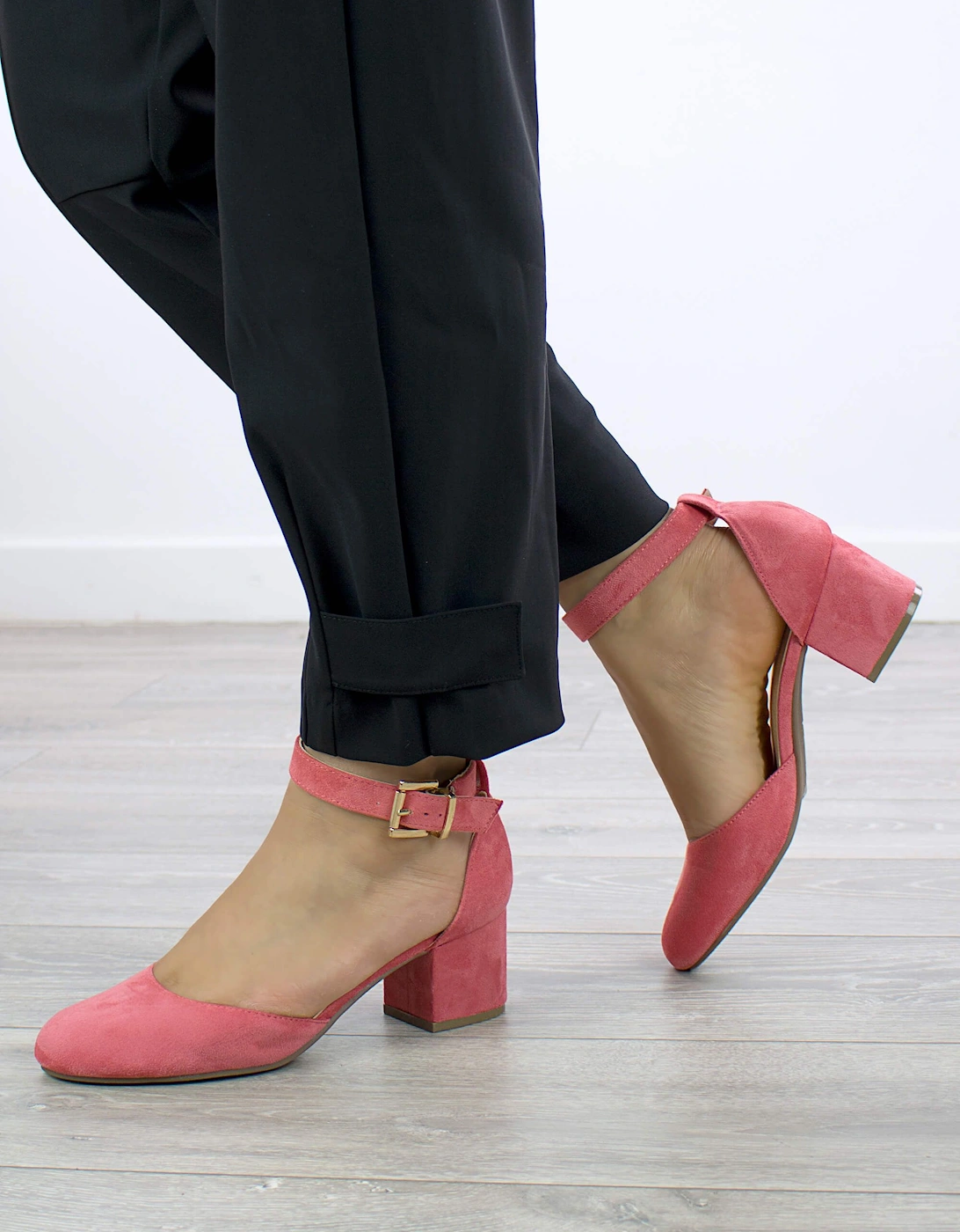 Mid Block Heel Buckle Ankle Strap Faux Suede Heeled Sandals, 2 of 1