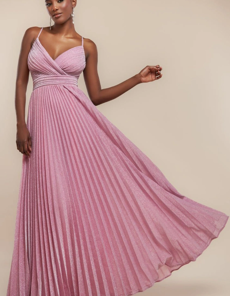 Sleeveless Pleated A Line Lurex Maxi Dress
