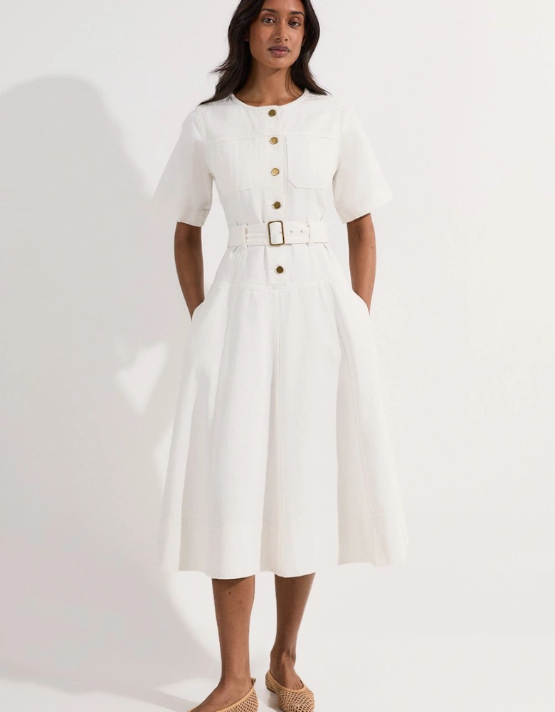 Denim Soft Wash Short Sleeve Belted Midi Dress