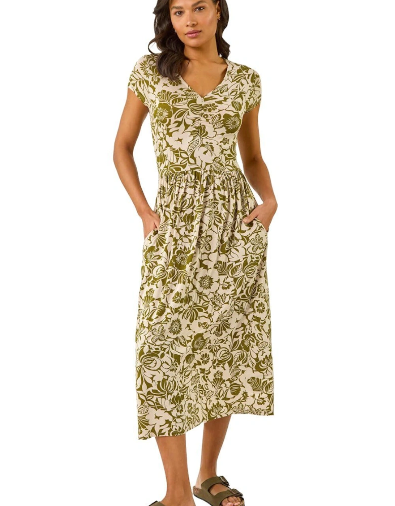 Floral Print Ruched Stretch Midi Dress