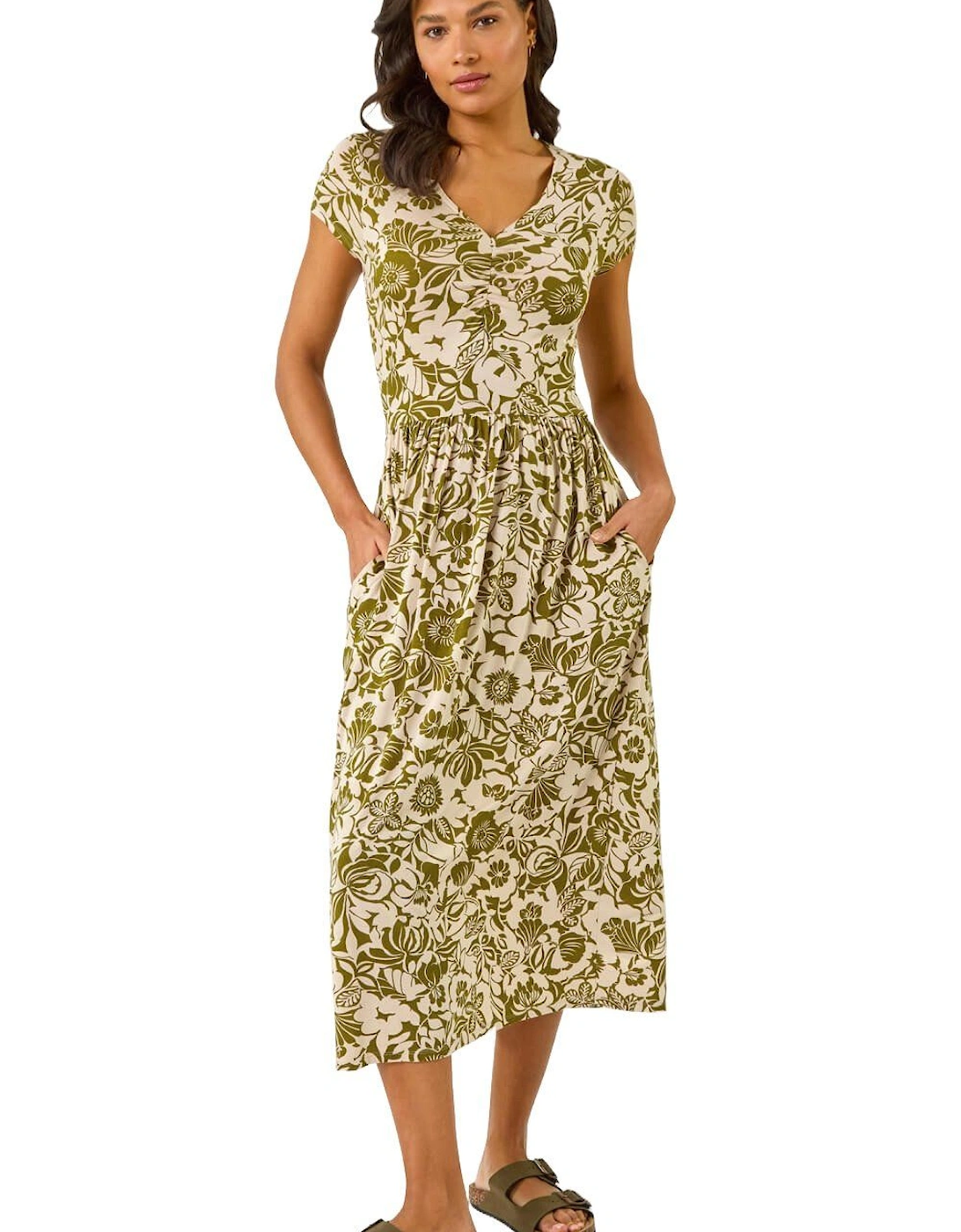 Floral Print Ruched Stretch Midi Dress, 2 of 1