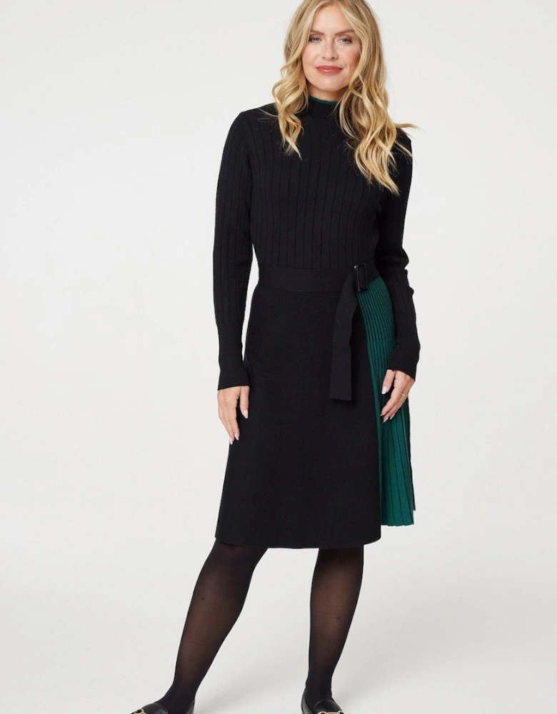 Colour Block High Neck Pleated Knit Dress