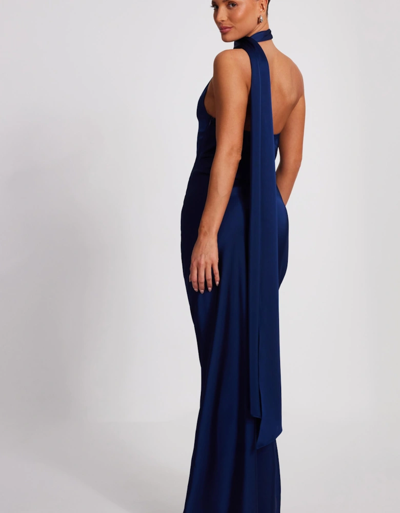 Navy Satin Wrap Neck Maxi Dress