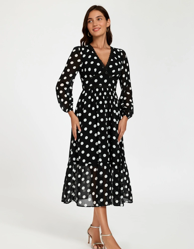 Dot Print Lace Trim Long Sleeve Maxi Dress In Black