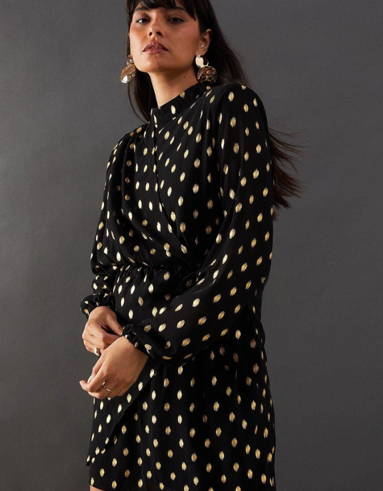 Foil Chiffon High Neck Wrap Front Mini Dress